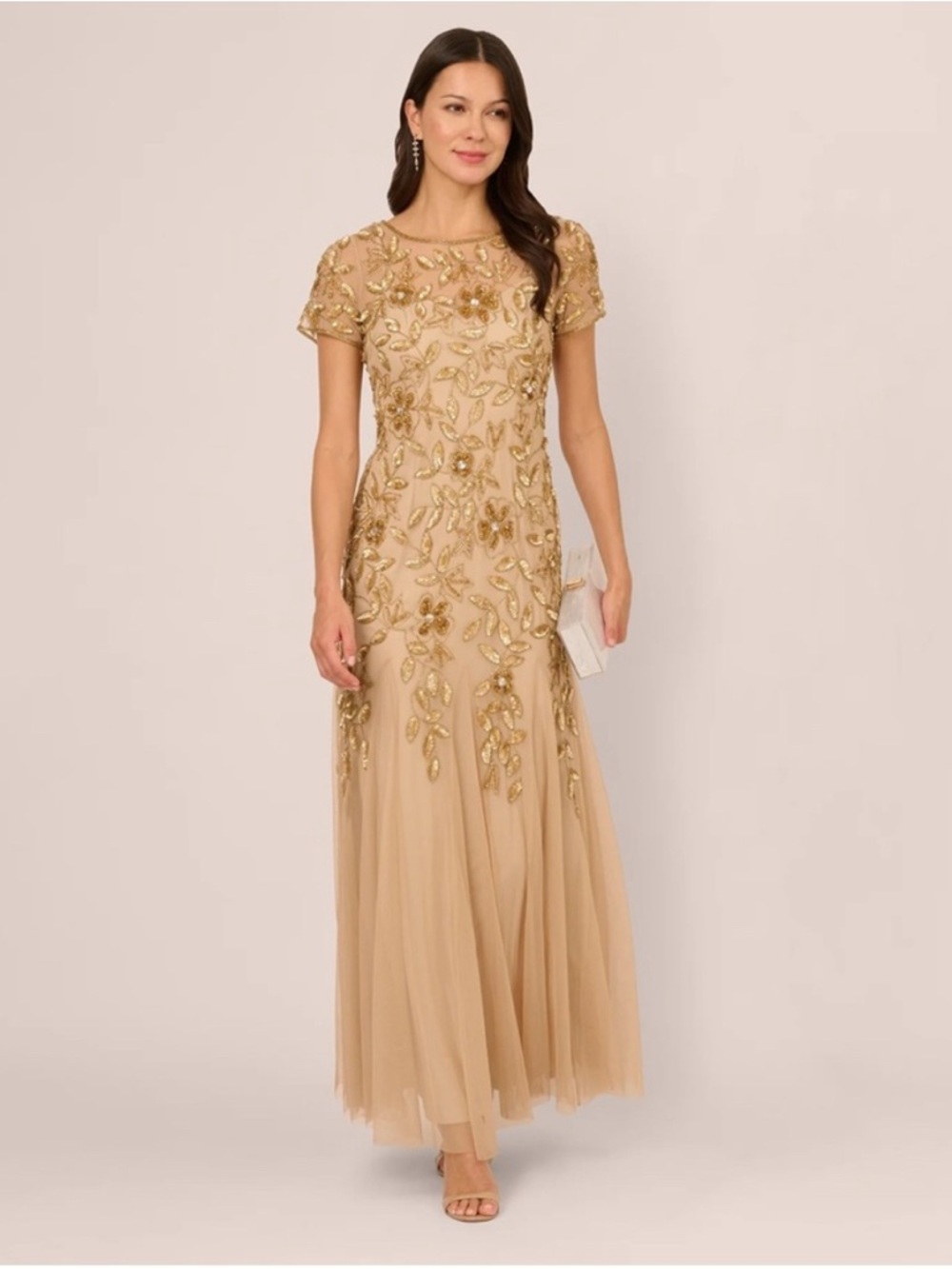 Adrianna Papell Gold Beaded Sequin Mesh Tulle Maxi Gown Dress NWT SZ 6 GALA MOB